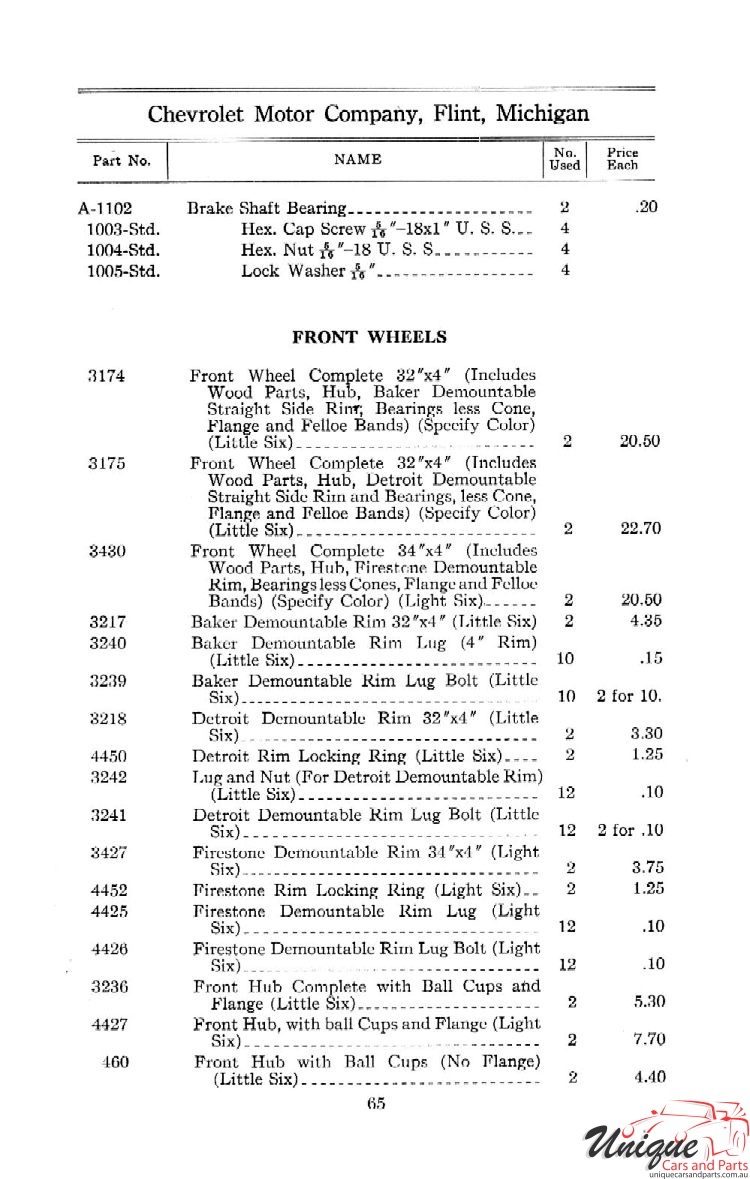 1912 Chevrolet Light and Little Six Parts Price List Page 23